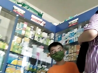 Mom with son in pharmacy. Little ass in red panties
